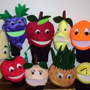 Teaching with Fruits Set of 9 fruit puppets and script booklet